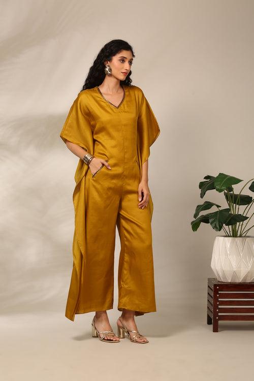 Mustard Yellow Raw Tissue Silk Jumspsuit - ASJS020