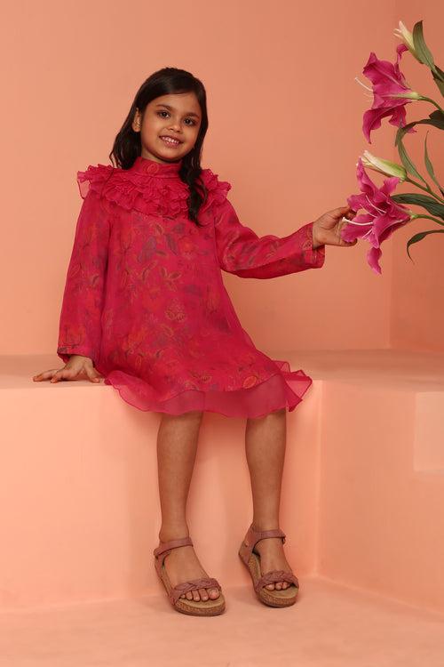 Chanderi Pink Printed Dress - ASKW014