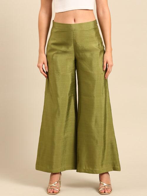 Green Linen Satin Pants - ASPL055