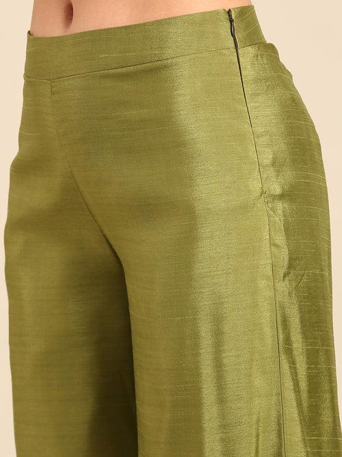 Green Linen Satin Pants - ASPL055