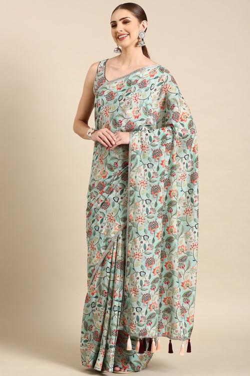 Aqua Blue Printed Muslin Saree - ASSR003