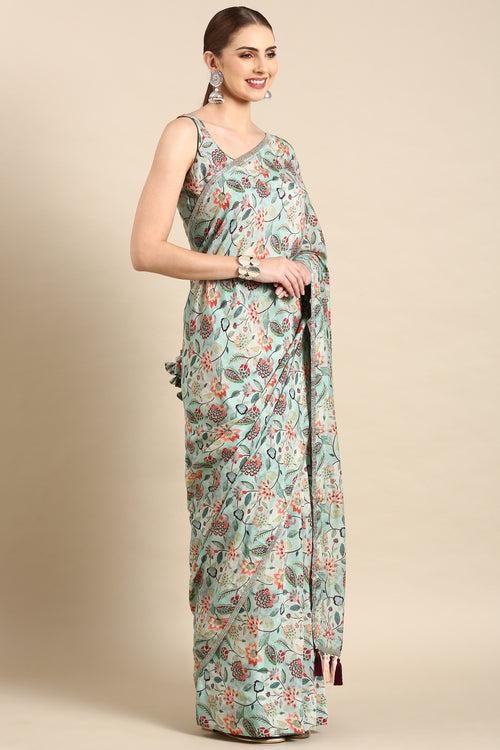 Aqua Blue Printed Muslin Saree - ASSR003