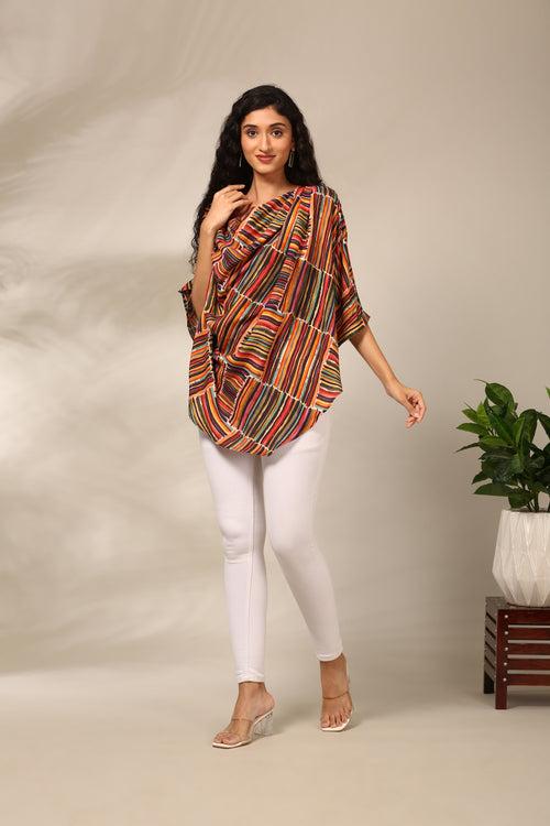 Red, Yellow, Beige & Green Silk Muslin Digital Print Short Top - ASST0103