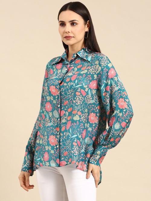 Blue Pink Printed Muslin Shirt - ASST078