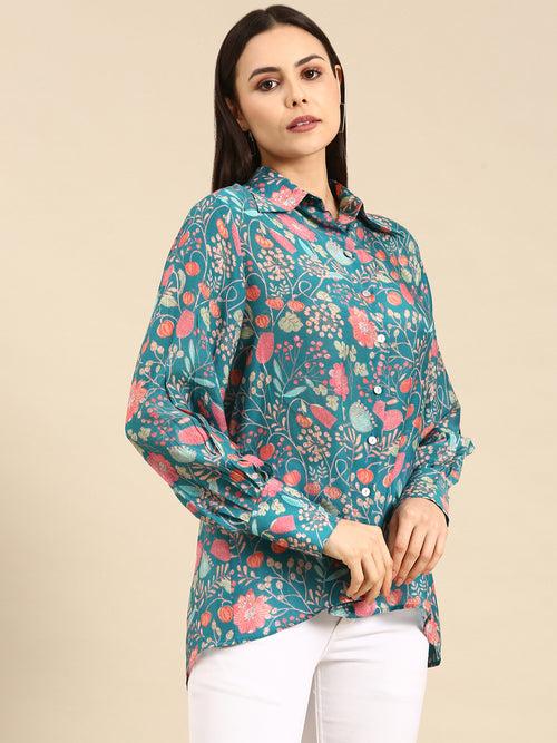 Blue Pink Printed Muslin Shirt - ASST078