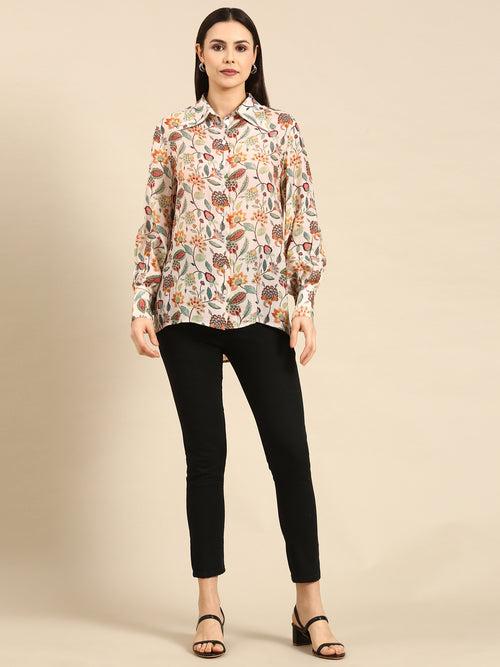 Cream Floral Printed Muslin Shirt - ASST082