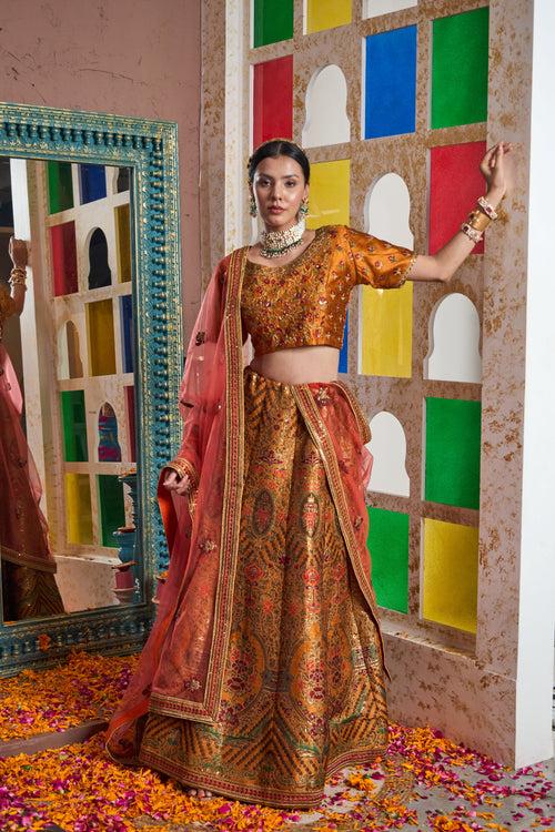 Banarasi Begum Ghaghra With Embroidered Blouse And Chunni - Orange