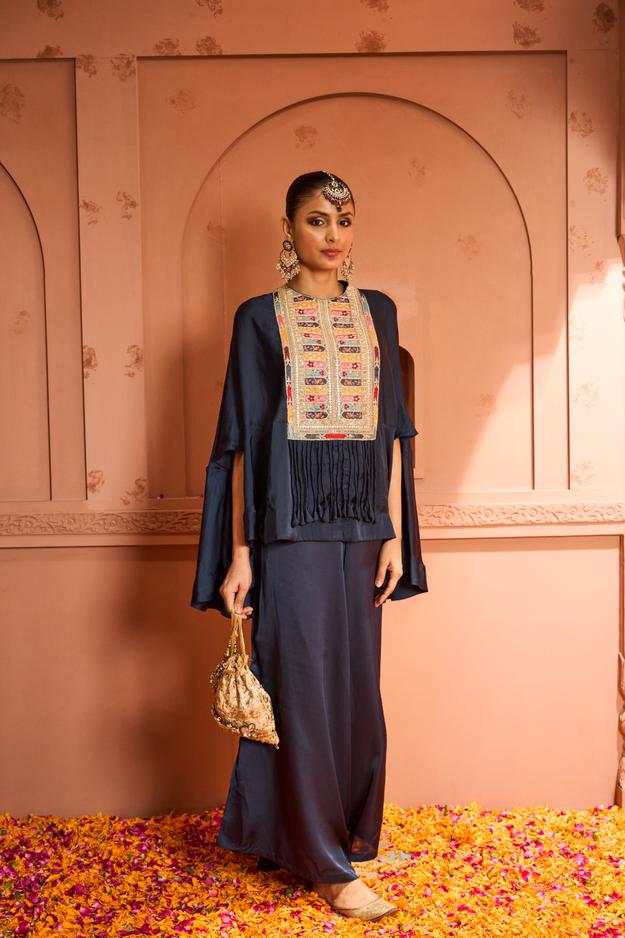 Kiri Patch Work Kurta With Flared Pant - Blue