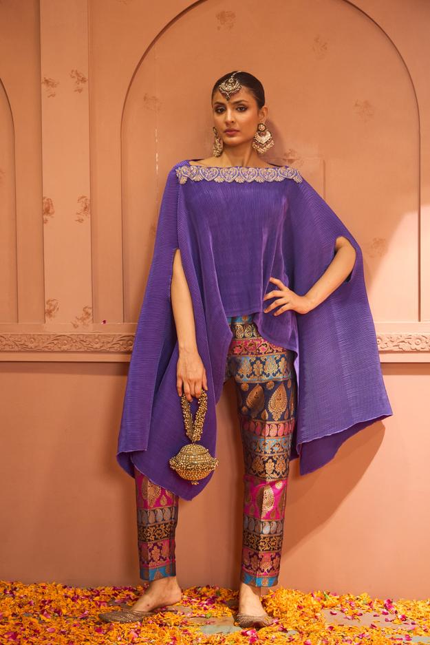 Divine V-Neck Embroidered Cape Set With Colorful Brocade Pant - Hibiscus