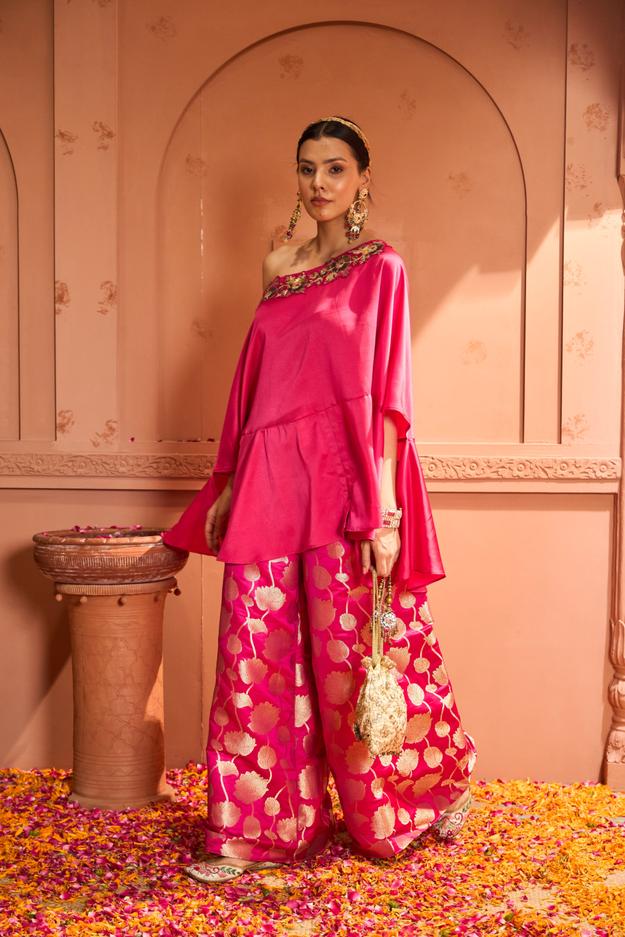 Kiri Embroidered Kaftan With Colorful Banarasi Lotus Flared Pant - Fuschia