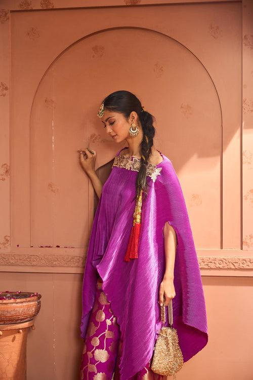 Divine Embroidered Cape Set With Banarasi Lotus Flared Pant - Hibiscus