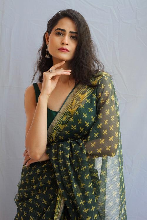 Dhoop : Green Pipar Dabu Kota Doria Saree