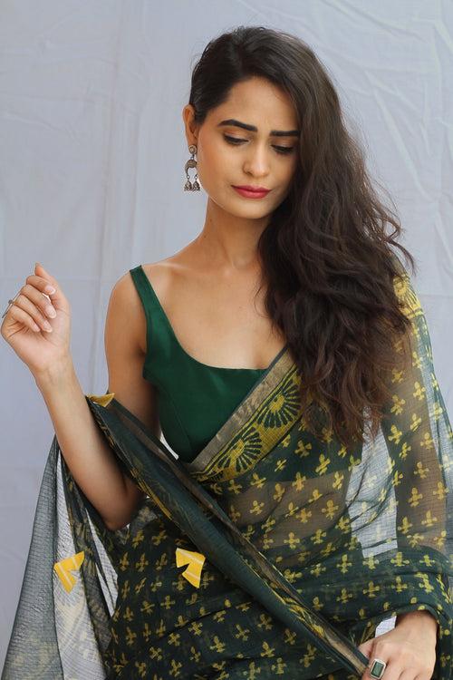 Dhoop : Green Pipar Dabu Kota Doria Saree