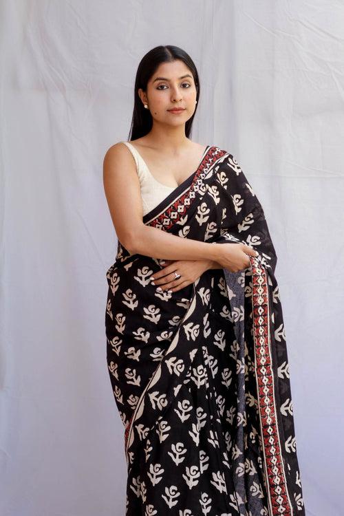 Rosey: Black Handblock Rose Printed Saree