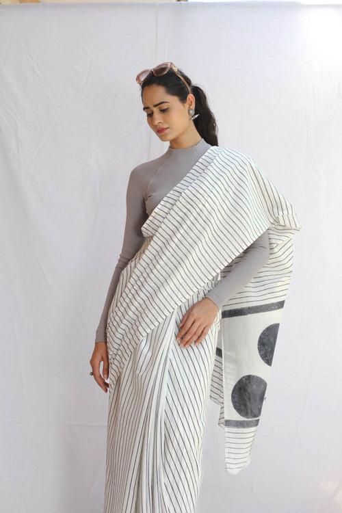 Varsha : Grey Lining Block Print Saree