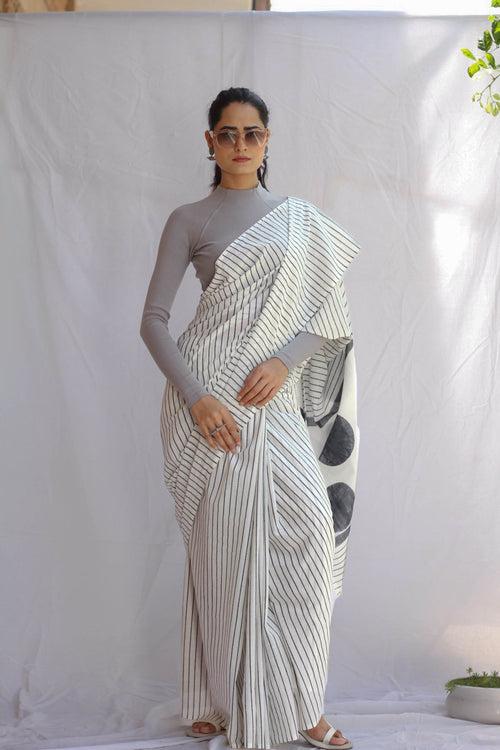 Varsha : Grey Lining Block Print Saree