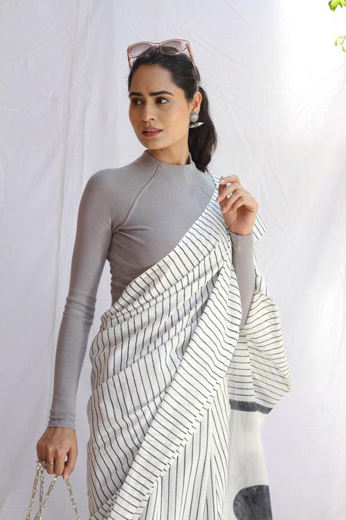 Varsha : Grey Lining Block Print Saree