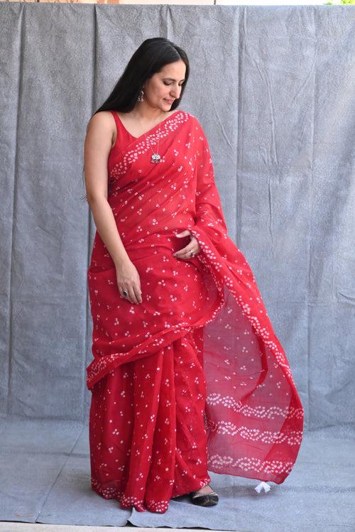 Bandhani Cotton Saree : Red Color