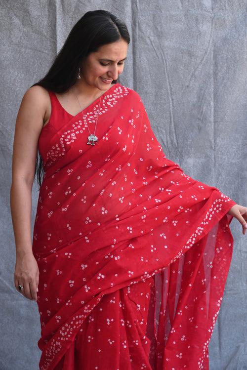 Bandhani Cotton Saree : Red Color