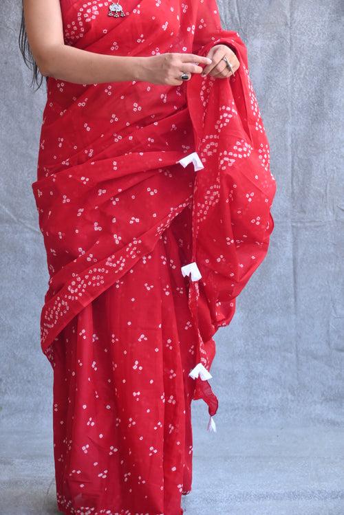 Bandhani Cotton Saree : Red Color