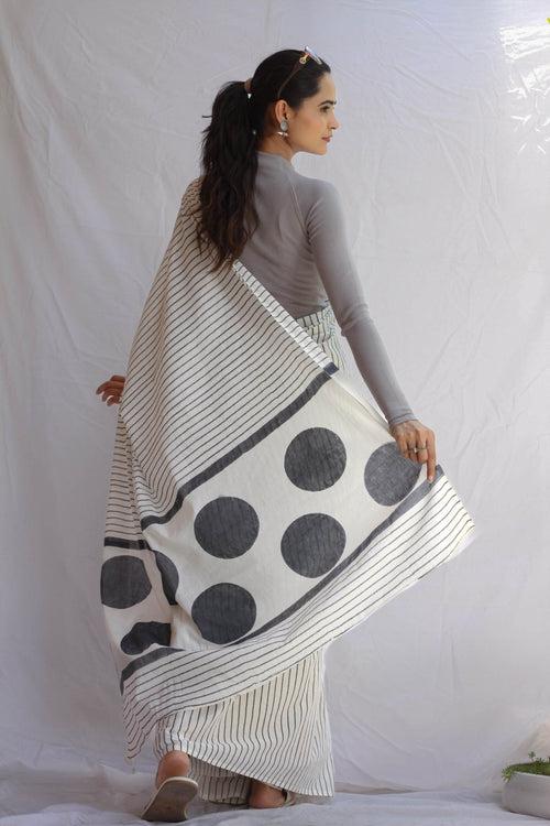 Varsha : Grey Lining Block Print Saree