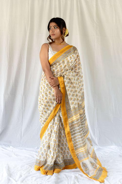 Yellow Flower Handblock Embroidered Maheshwari Saree