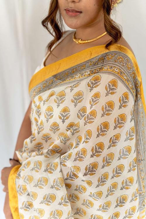 Yellow Flower Handblock Embroidered Maheshwari Saree