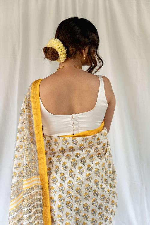 Yellow Flower Handblock Embroidered Maheshwari Saree