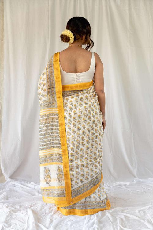 Yellow Flower Handblock Embroidered Maheshwari Saree