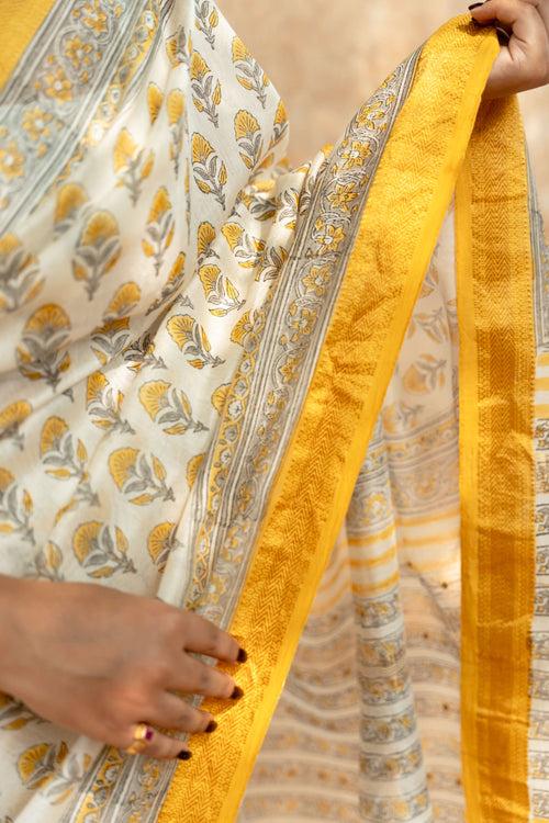 Yellow Flower Handblock Embroidered Maheshwari Saree