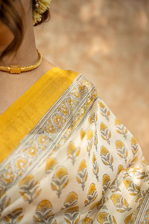 Yellow Flower Handblock Embroidered Maheshwari Saree