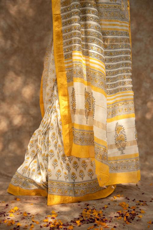 Yellow Flower Handblock Embroidered Maheshwari Saree