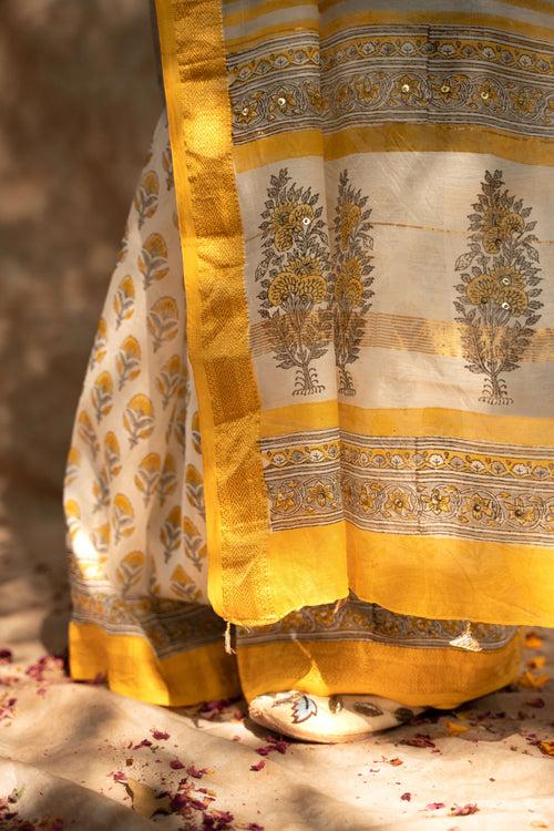 Yellow Flower Handblock Embroidered Maheshwari Saree