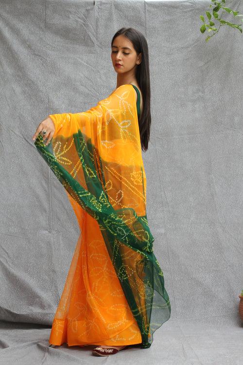 Yellow Green Georgette Bandhani Saree