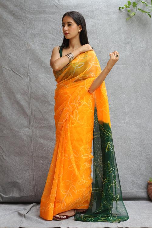 Yellow Green Georgette Bandhani Saree