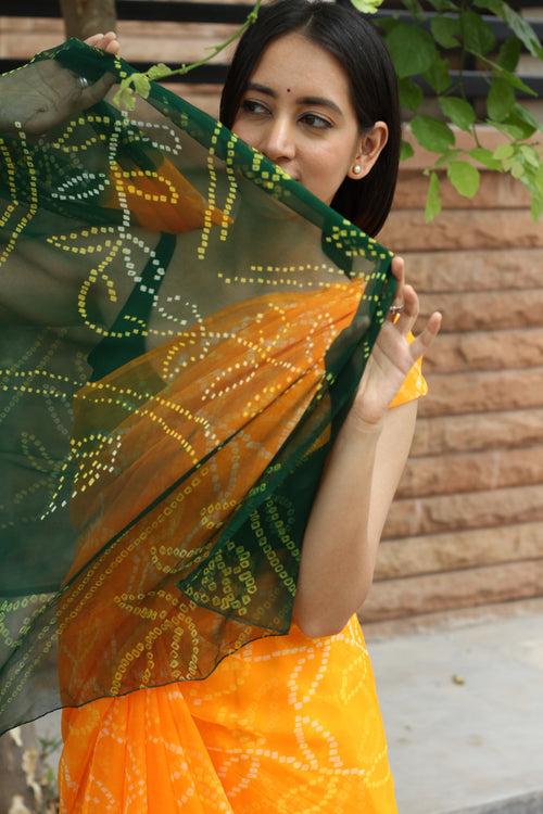 Yellow Green Georgette Bandhani Saree