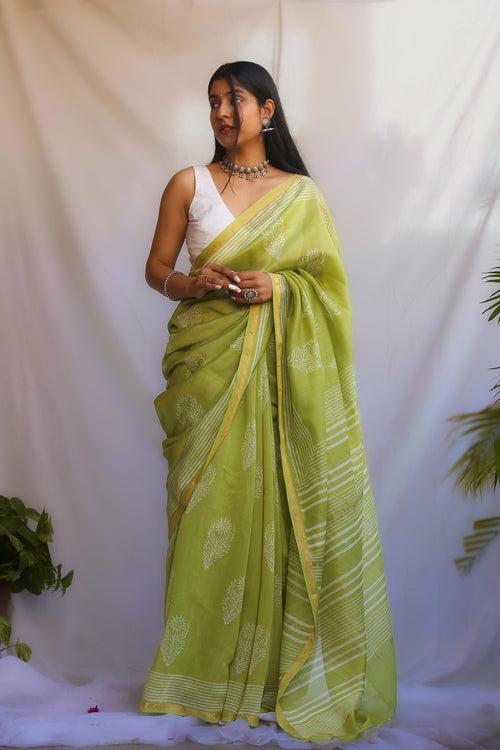 Green Discharge Blockprint Saree