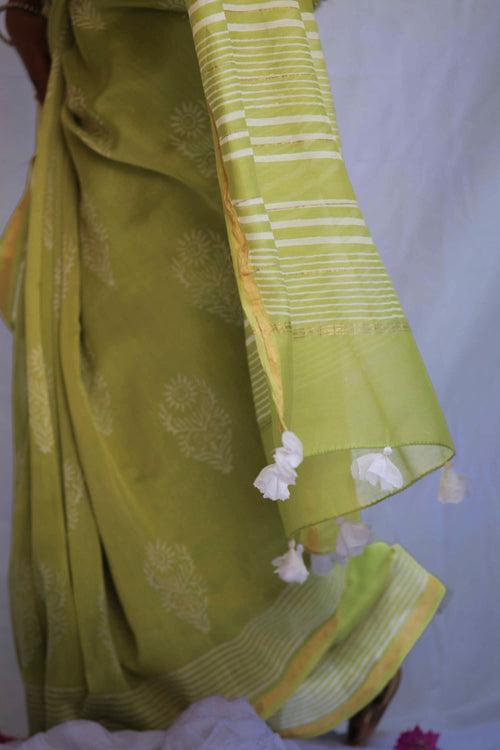 Green Discharge Blockprint Saree