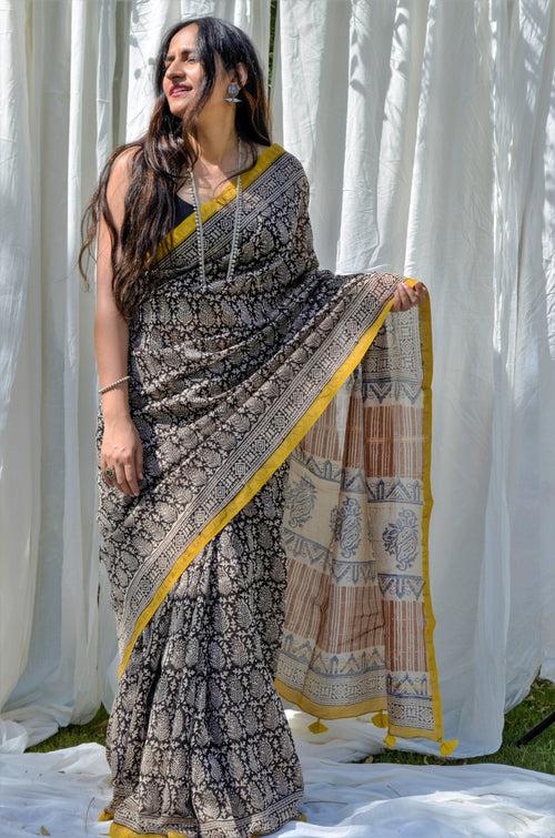 Black Bagru Print Chanderi Saree