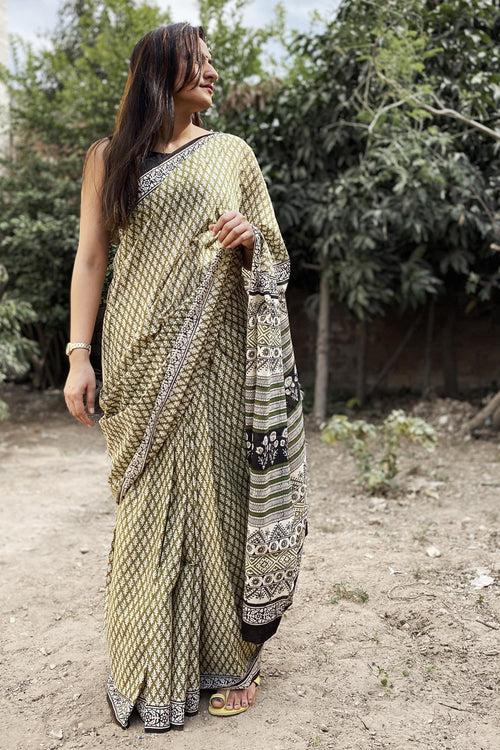 Green Bagru Print Cotton Saree