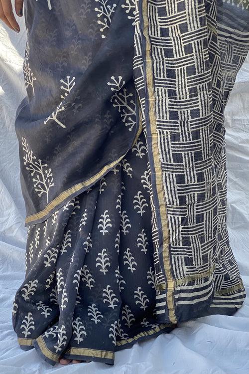 Pebble Grey Blockprint Chanderi Saree