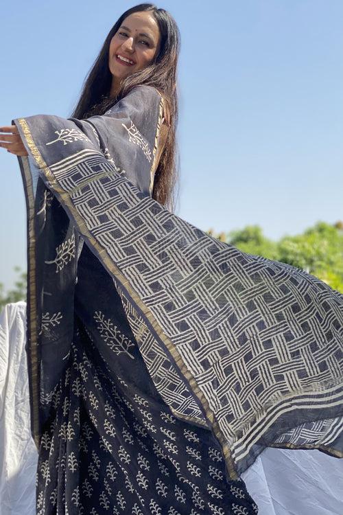 Pebble Grey Blockprint Chanderi Saree