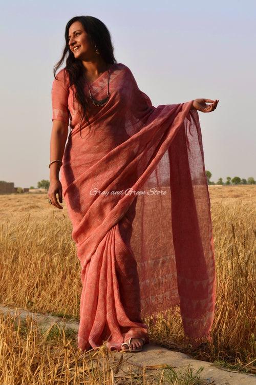 Peachy Pink Dabu Block Printed Pure Linen Saree