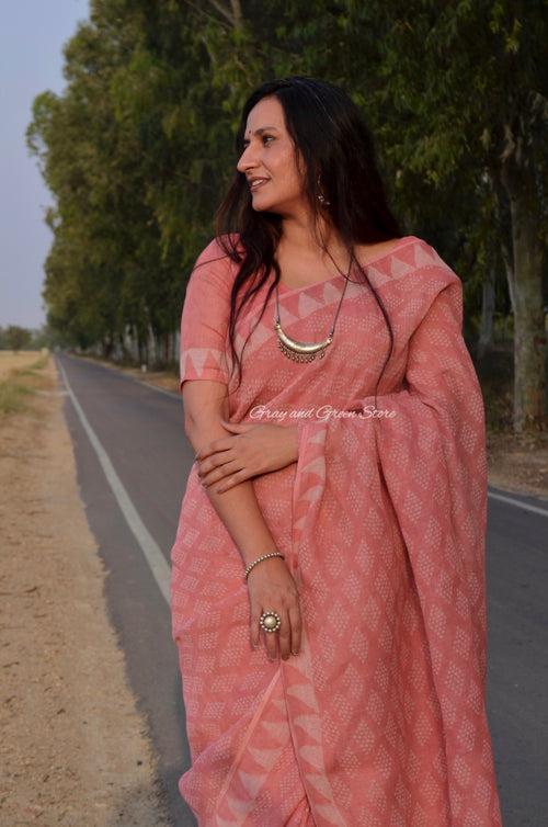 Peachy Pink Dabu Block Printed Pure Linen Saree