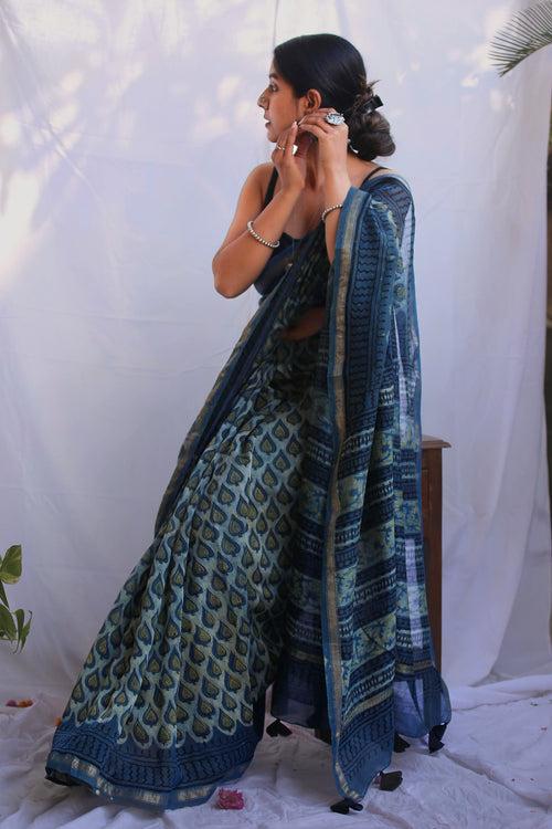 Indigo Ambi blockprint Saree