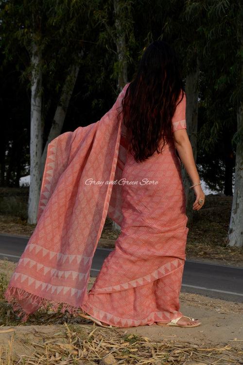 Peachy Pink Dabu Block Printed Pure Linen Saree