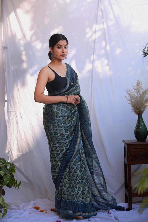 Indigo Ambi blockprint Saree