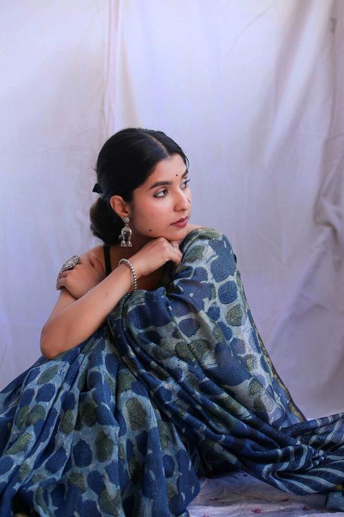 Indigo Floral Blockprint Saree