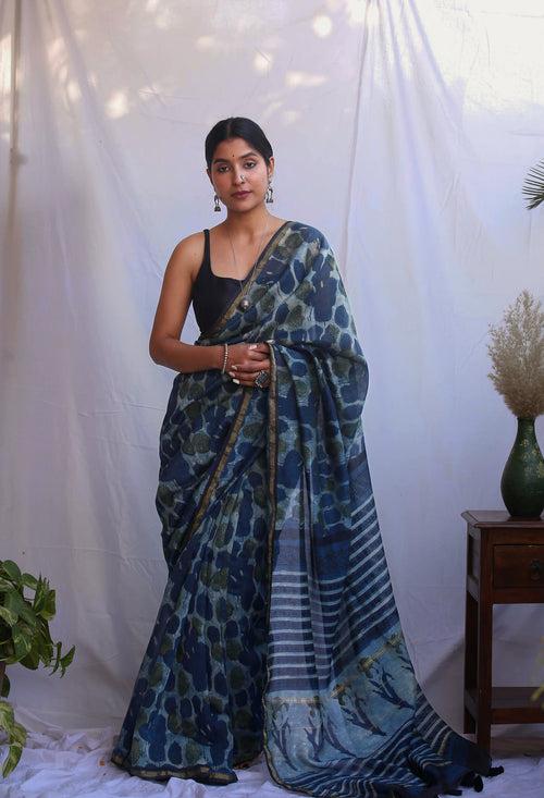 Indigo Floral Blockprint Saree