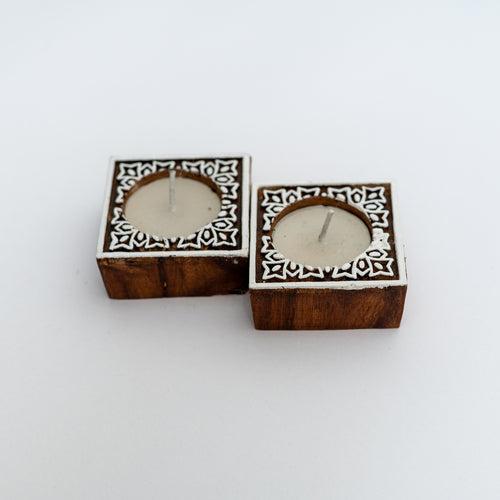 Hand carved block tea light - Square Abstract design